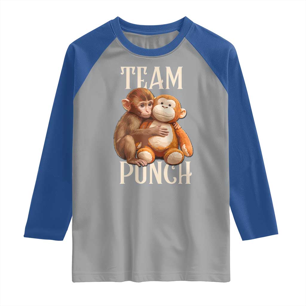 Team Punch Cute Baby Monkey Hugging Plush Toy Graphic Raglan Shirt