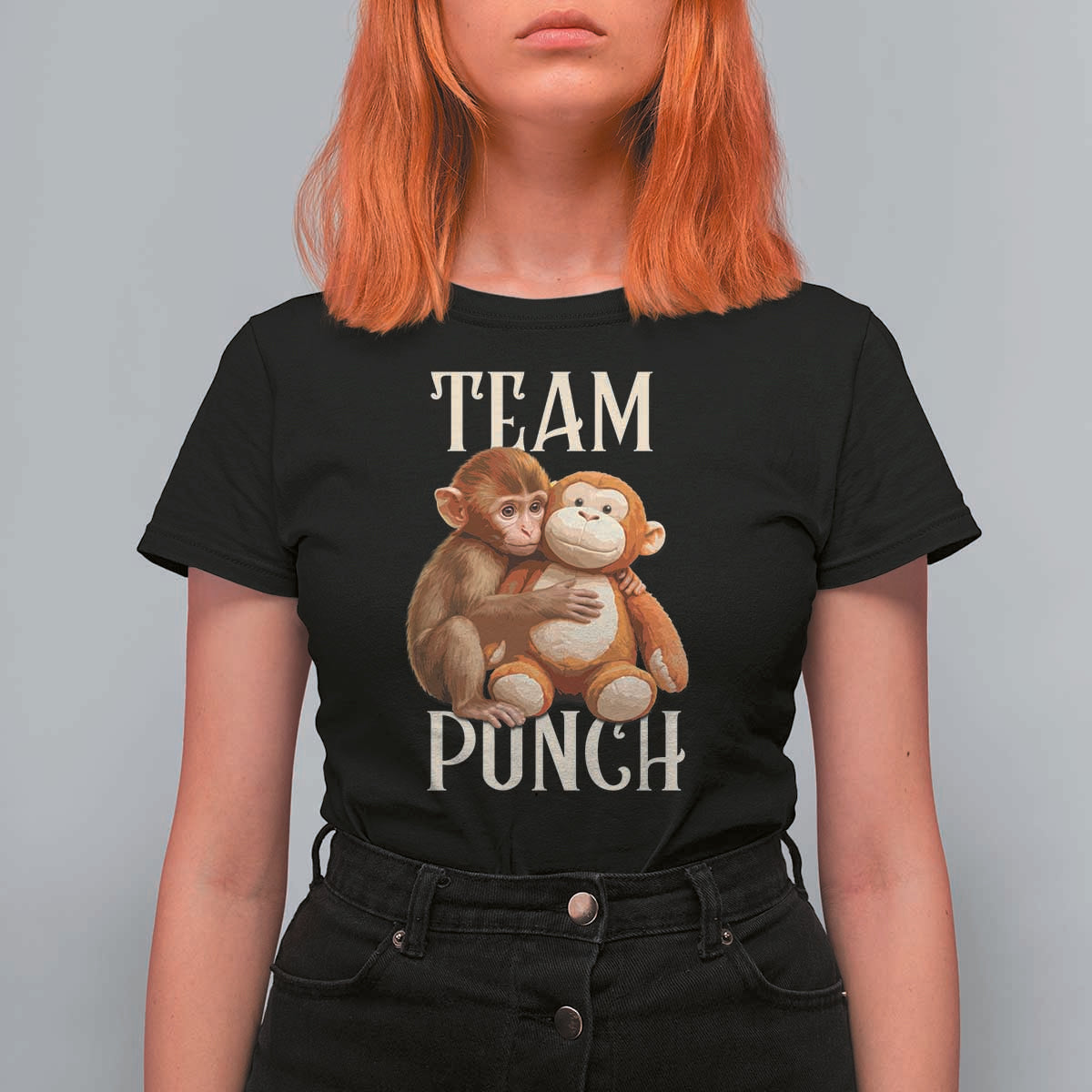 Team Punch Cute Baby Monkey Hugging Plush Toy Graphic T Shirt For Women