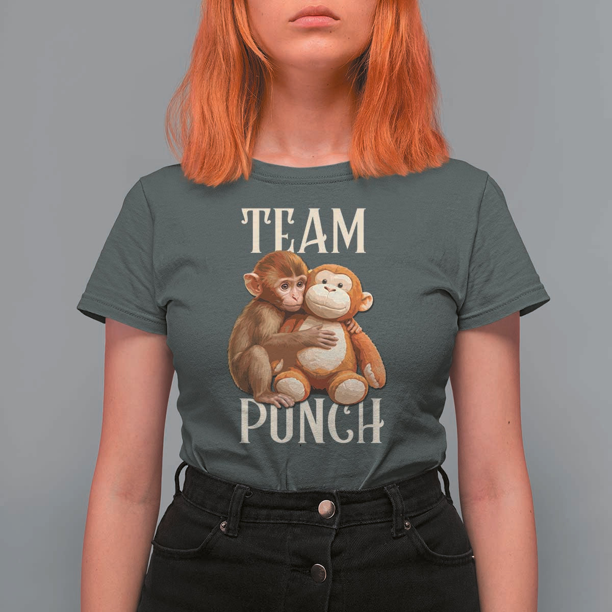 Team Punch Cute Baby Monkey Hugging Plush Toy Graphic T Shirt For Women