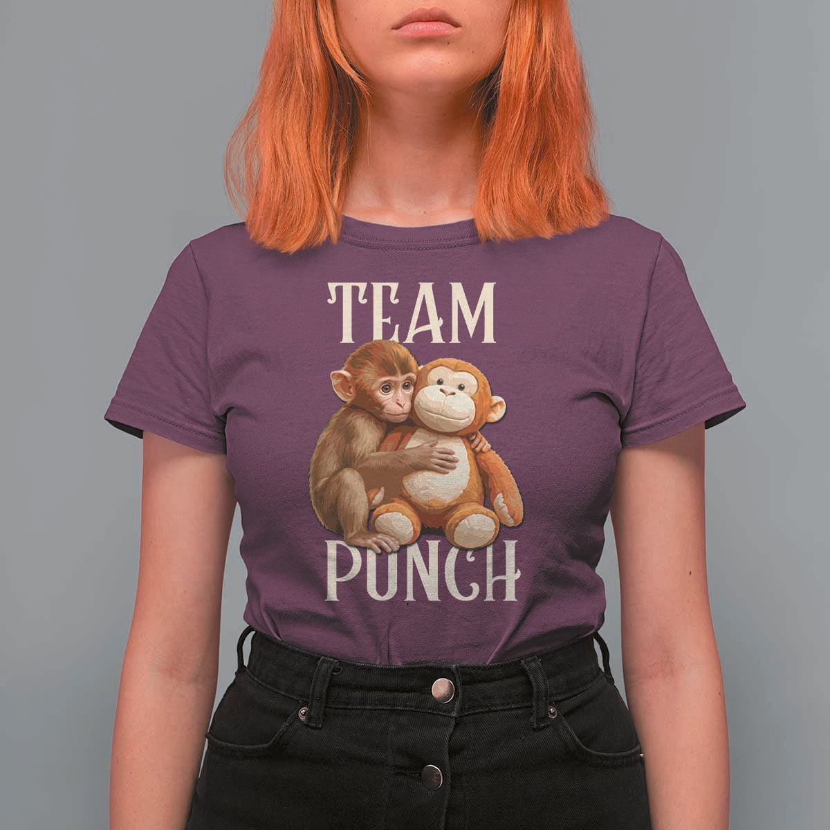 Team Punch Cute Baby Monkey Hugging Plush Toy Graphic T Shirt For Women