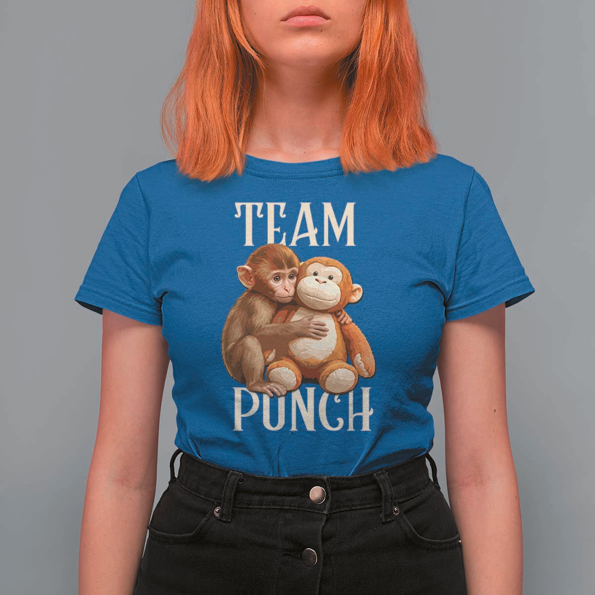 Team Punch Cute Baby Monkey Hugging Plush Toy Graphic T Shirt For Women