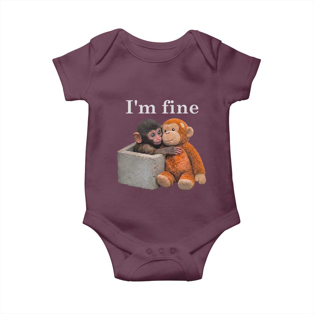 I’m Fine Viral Punch Monkey Meme Baby Onesie Cute Baby Monkey Hugging Plush Emotional Humor Gift