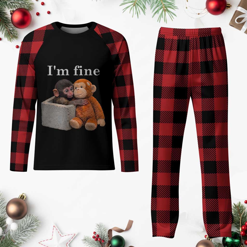 I’m Fine Viral Punch Monkey Meme Plaid Pajama Set Cute Baby Monkey Hugging Plush Emotional Humor Gift