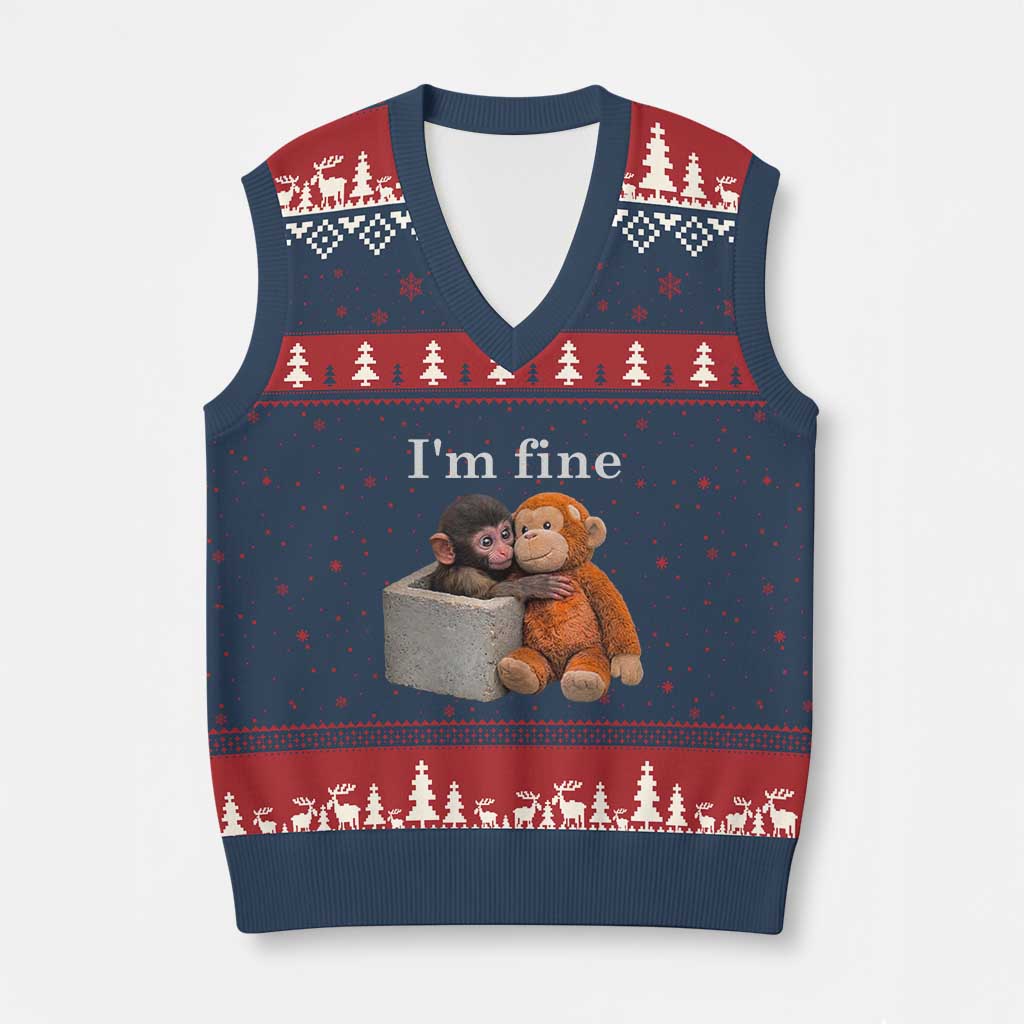I’m Fine Viral Punch Monkey Meme V-Neck Knit Sweater Vest Cute Baby Monkey Hugging Plush Emotional Humor Gift