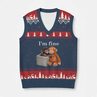 I’m Fine Viral Punch Monkey Meme V-Neck Knit Sweater Vest Cute Baby Monkey Hugging Plush Emotional Humor Gift
