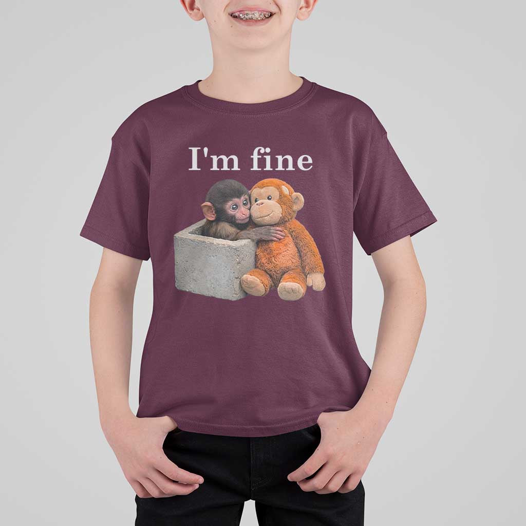I’m Fine Viral Punch Monkey Meme T Shirt For Kid Cute Baby Monkey Hugging Plush Emotional Humor Gift
