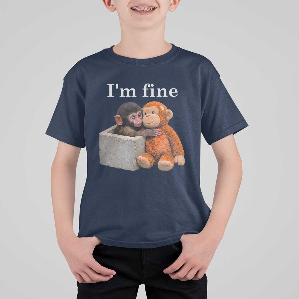 I’m Fine Viral Punch Monkey Meme T Shirt For Kid Cute Baby Monkey Hugging Plush Emotional Humor Gift