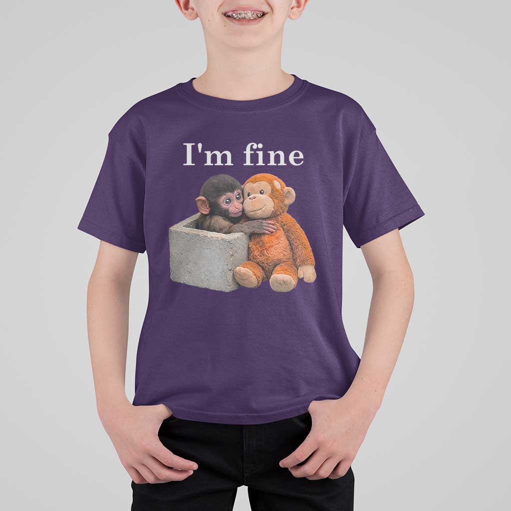 I’m Fine Viral Punch Monkey Meme T Shirt For Kid Cute Baby Monkey Hugging Plush Emotional Humor Gift