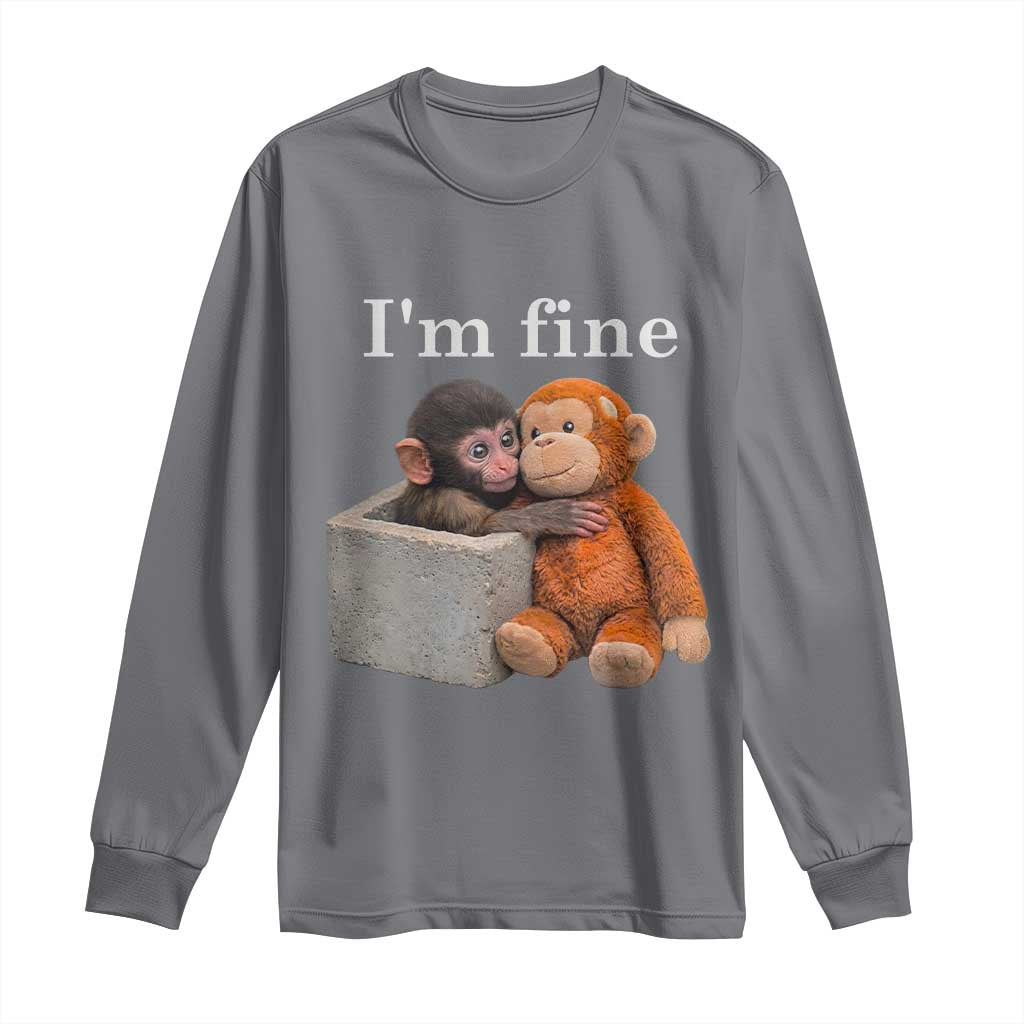 I’m Fine Viral Punch Monkey Meme Long Sleeve Shirt Cute Baby Monkey Hugging Plush Emotional Humor Gift