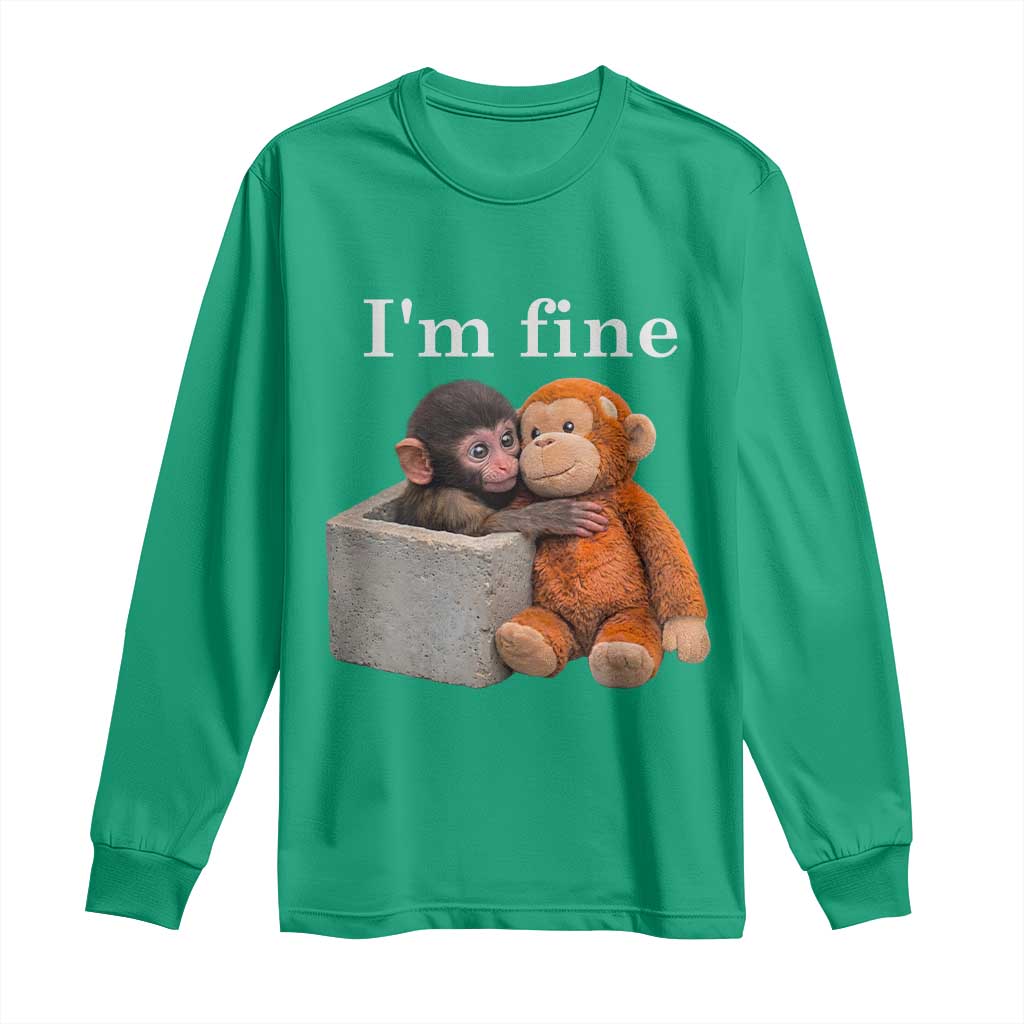 I’m Fine Viral Punch Monkey Meme Long Sleeve Shirt Cute Baby Monkey Hugging Plush Emotional Humor Gift