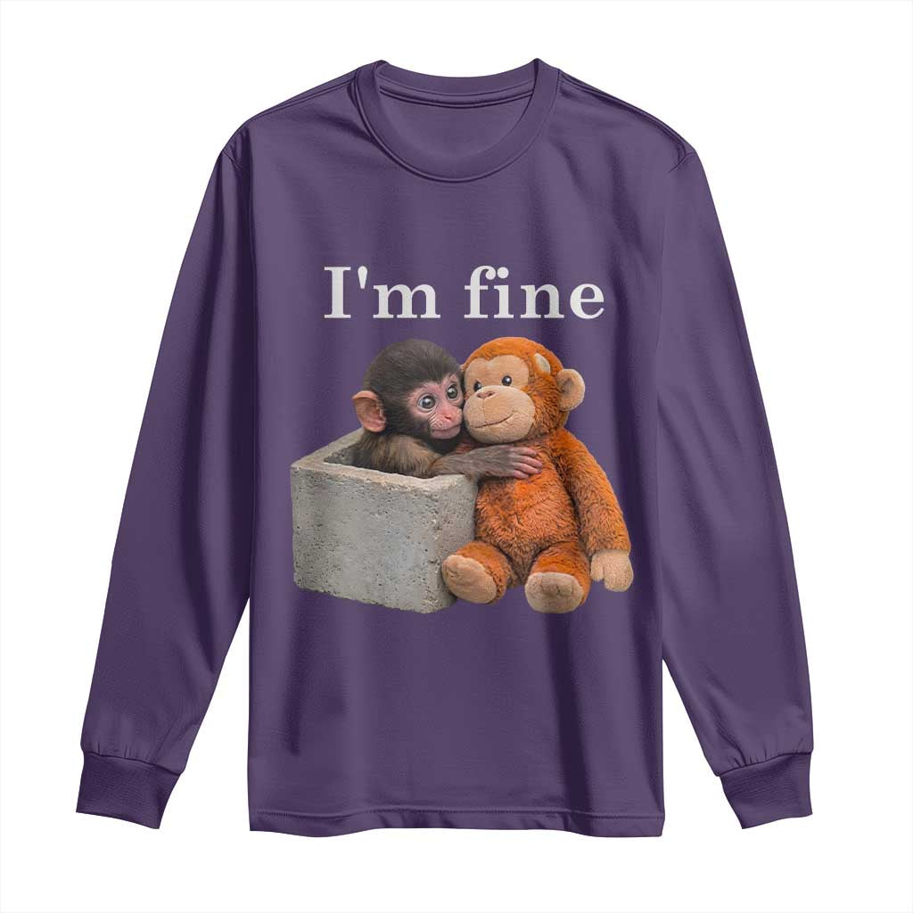 I’m Fine Viral Punch Monkey Meme Long Sleeve Shirt Cute Baby Monkey Hugging Plush Emotional Humor Gift