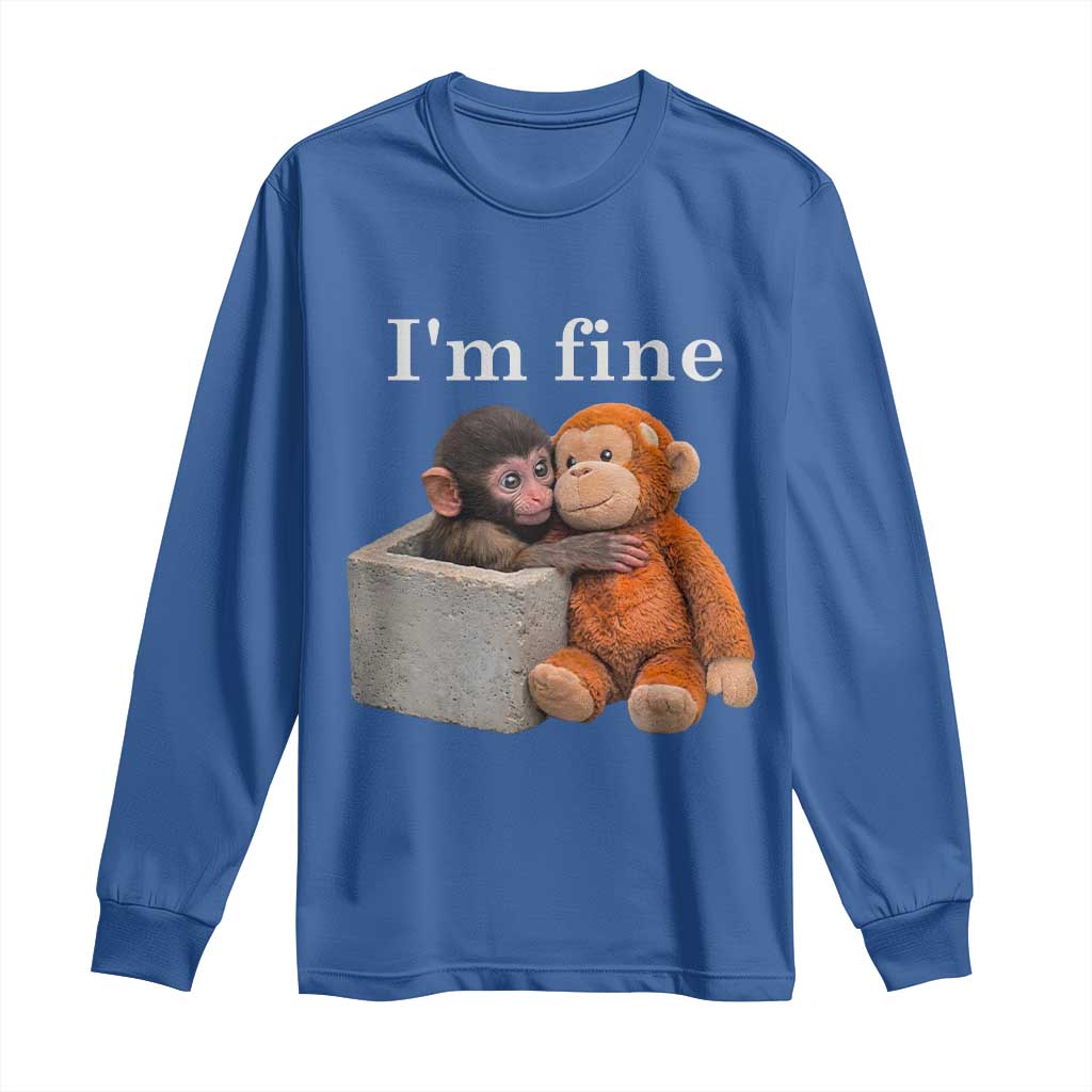 I’m Fine Viral Punch Monkey Meme Long Sleeve Shirt Cute Baby Monkey Hugging Plush Emotional Humor Gift