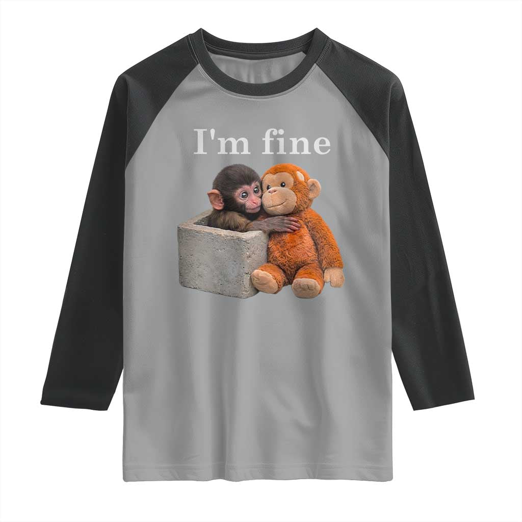 I’m Fine Viral Punch Monkey Meme Raglan Shirt Cute Baby Monkey Hugging Plush Emotional Humor Gift