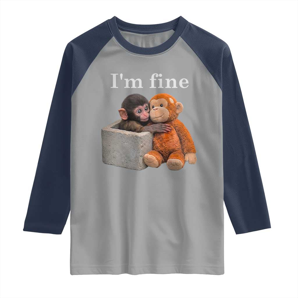 I’m Fine Viral Punch Monkey Meme Raglan Shirt Cute Baby Monkey Hugging Plush Emotional Humor Gift