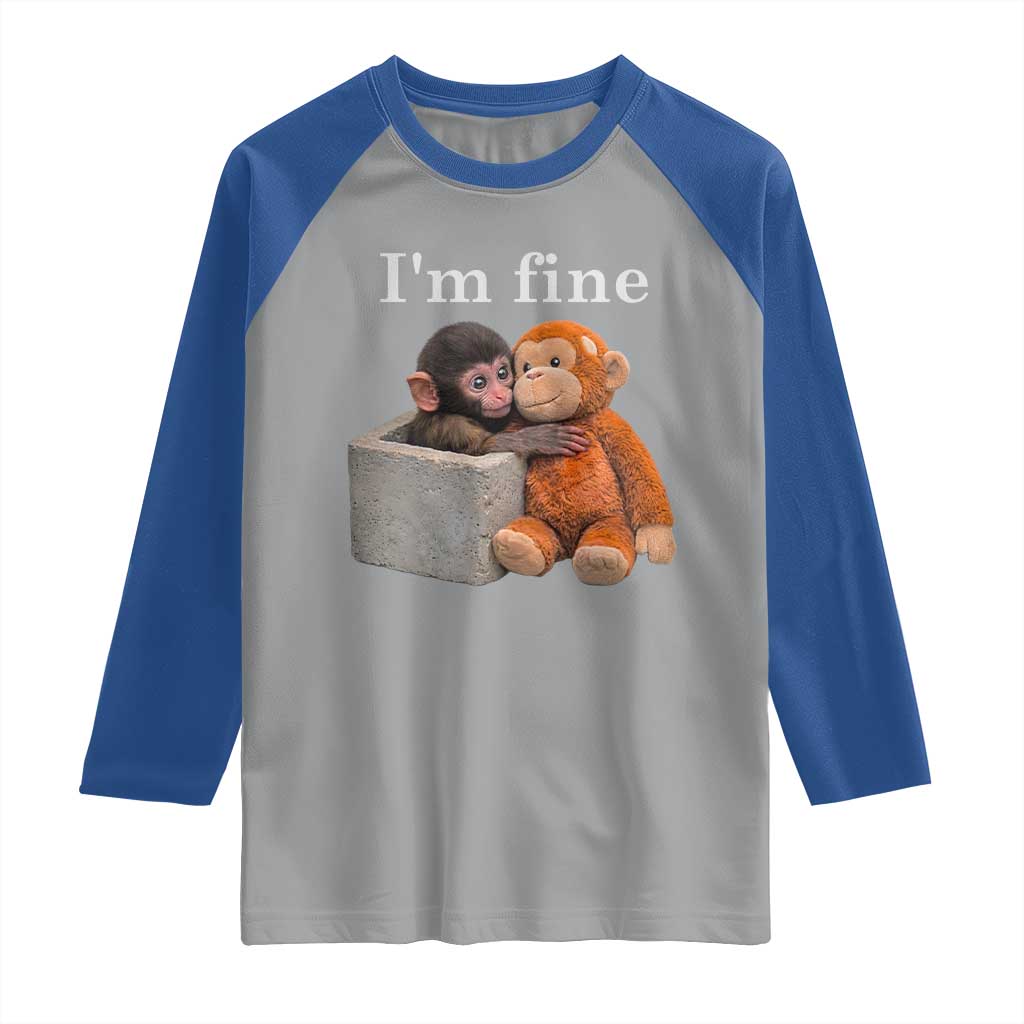 I’m Fine Viral Punch Monkey Meme Raglan Shirt Cute Baby Monkey Hugging Plush Emotional Humor Gift