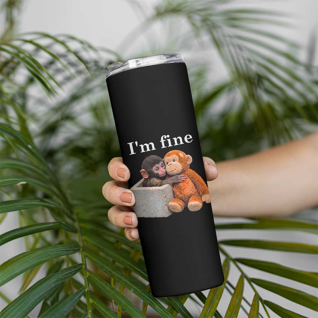 I’m Fine Viral Punch Monkey Meme Skinny Tumbler Cute Baby Monkey Hugging Plush Emotional Humor Gift