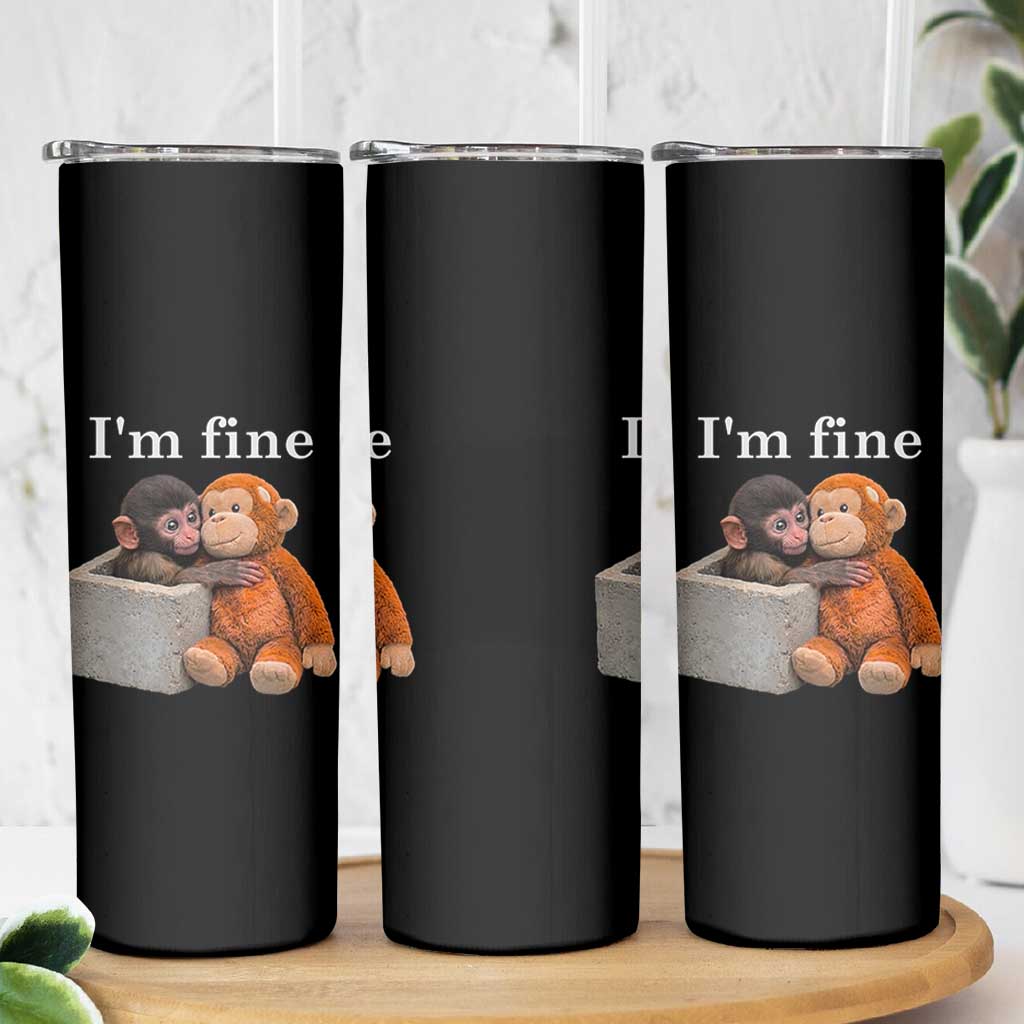 I’m Fine Viral Punch Monkey Meme Skinny Tumbler Cute Baby Monkey Hugging Plush Emotional Humor Gift