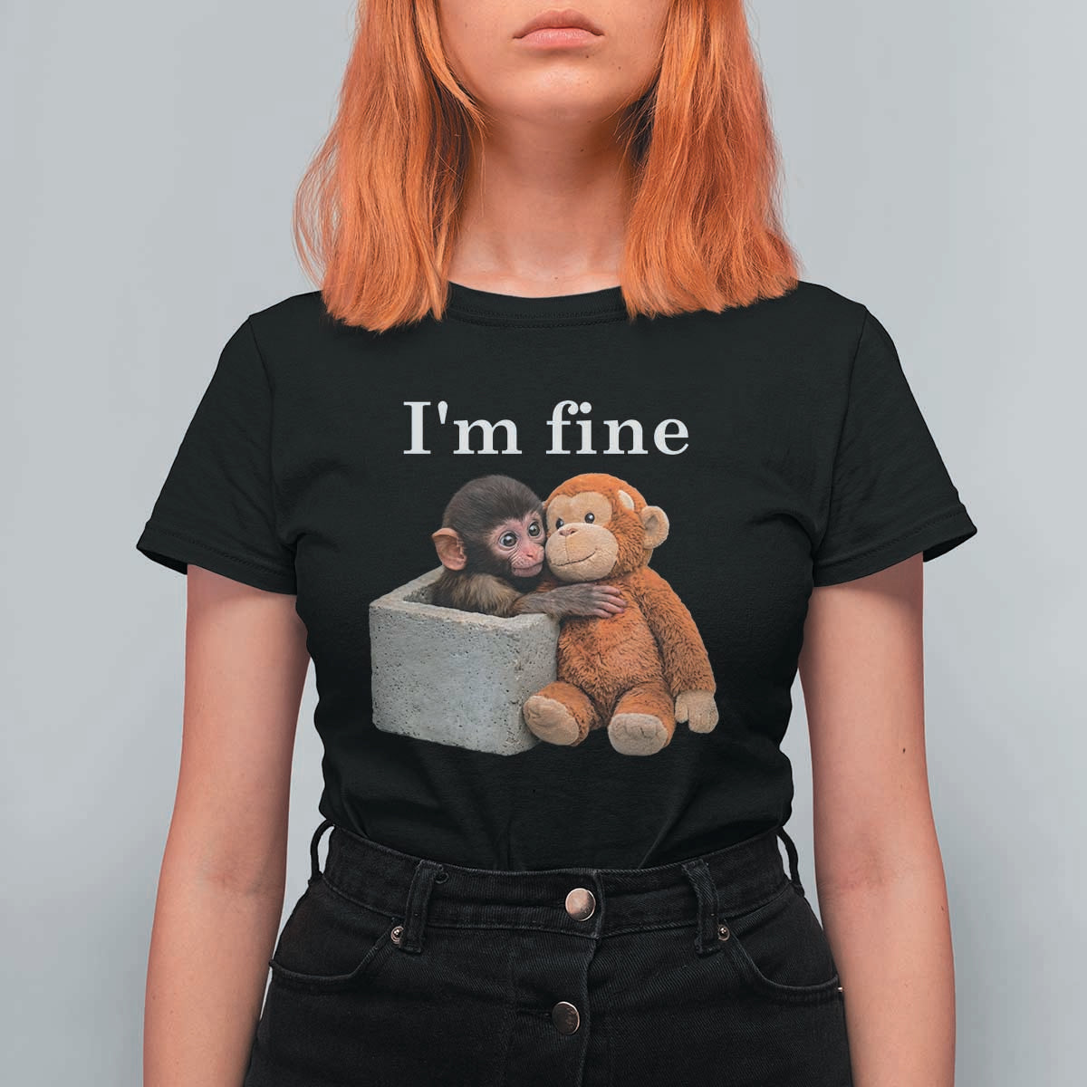 I’m Fine Viral Punch Monkey Meme T Shirt For Women Cute Baby Monkey Hugging Plush Emotional Humor Gift