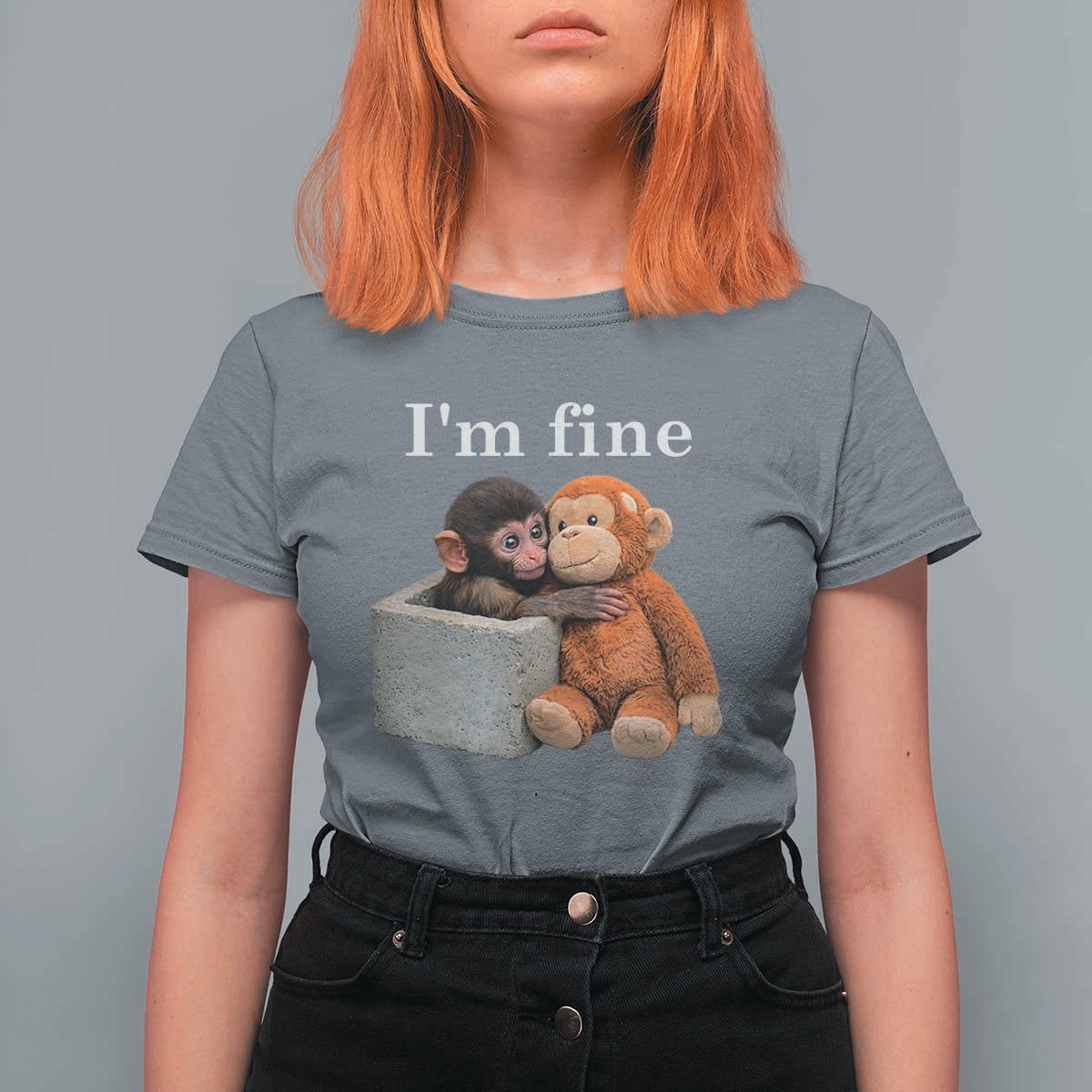 I’m Fine Viral Punch Monkey Meme T Shirt For Women Cute Baby Monkey Hugging Plush Emotional Humor Gift