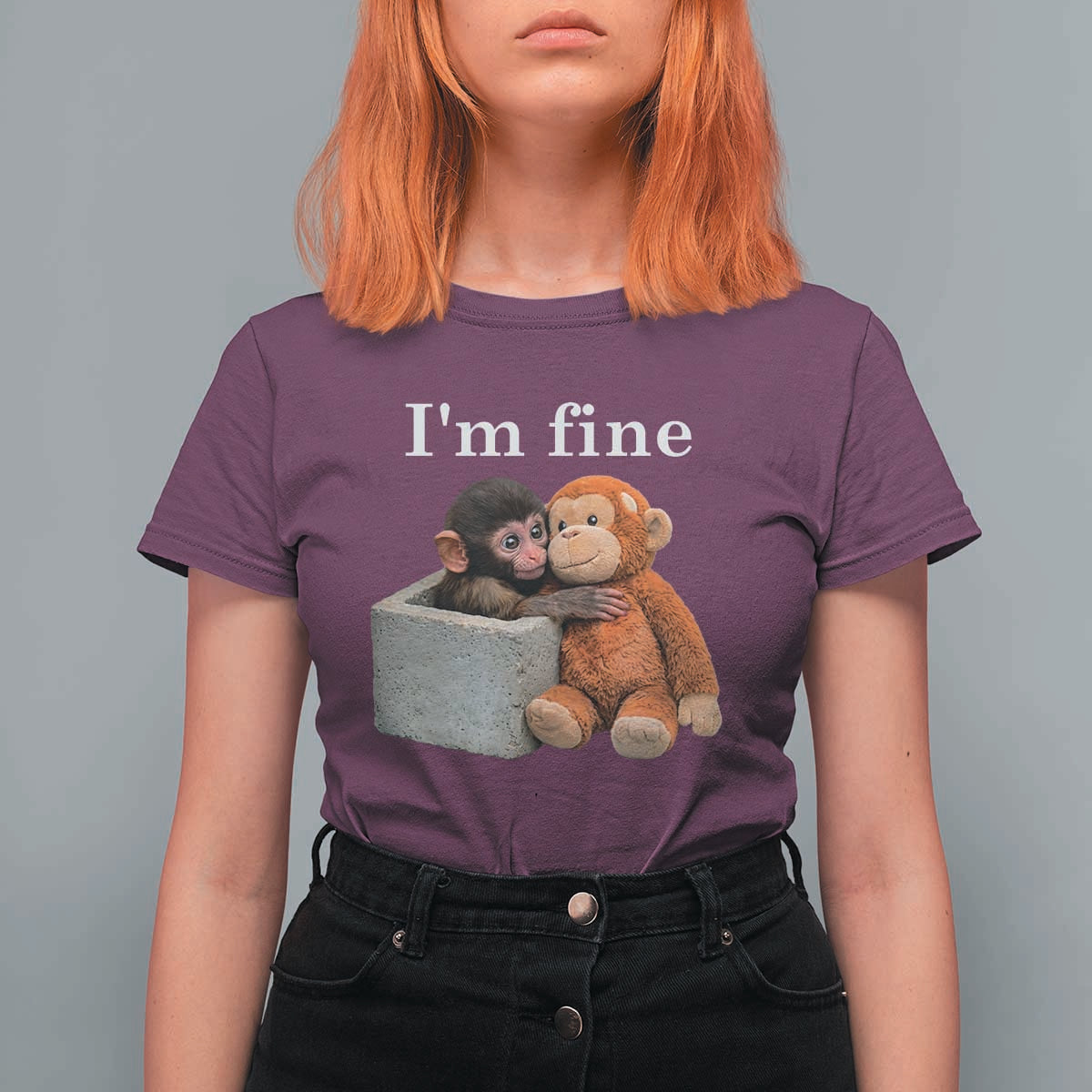 I’m Fine Viral Punch Monkey Meme T Shirt For Women Cute Baby Monkey Hugging Plush Emotional Humor Gift