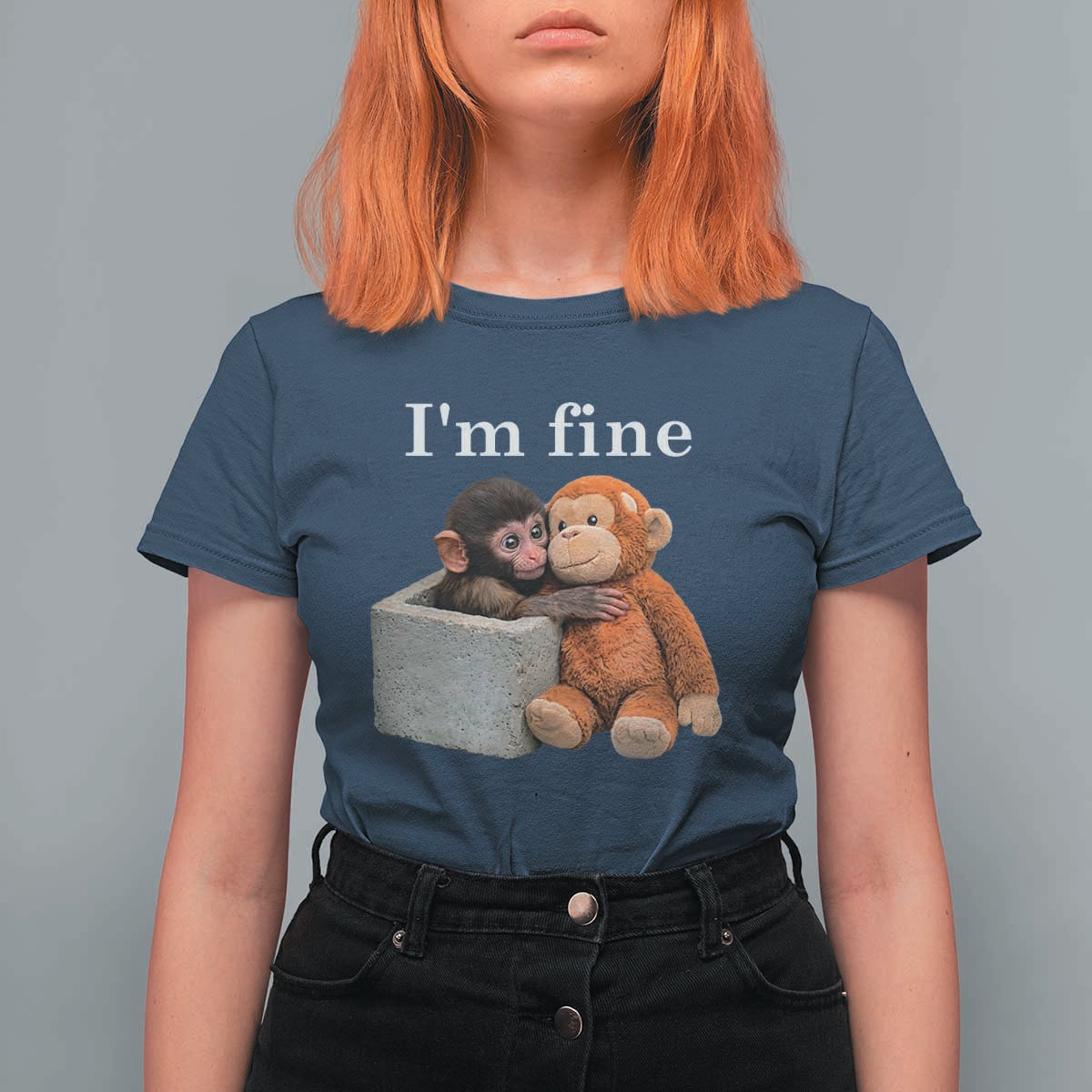 I’m Fine Viral Punch Monkey Meme T Shirt For Women Cute Baby Monkey Hugging Plush Emotional Humor Gift