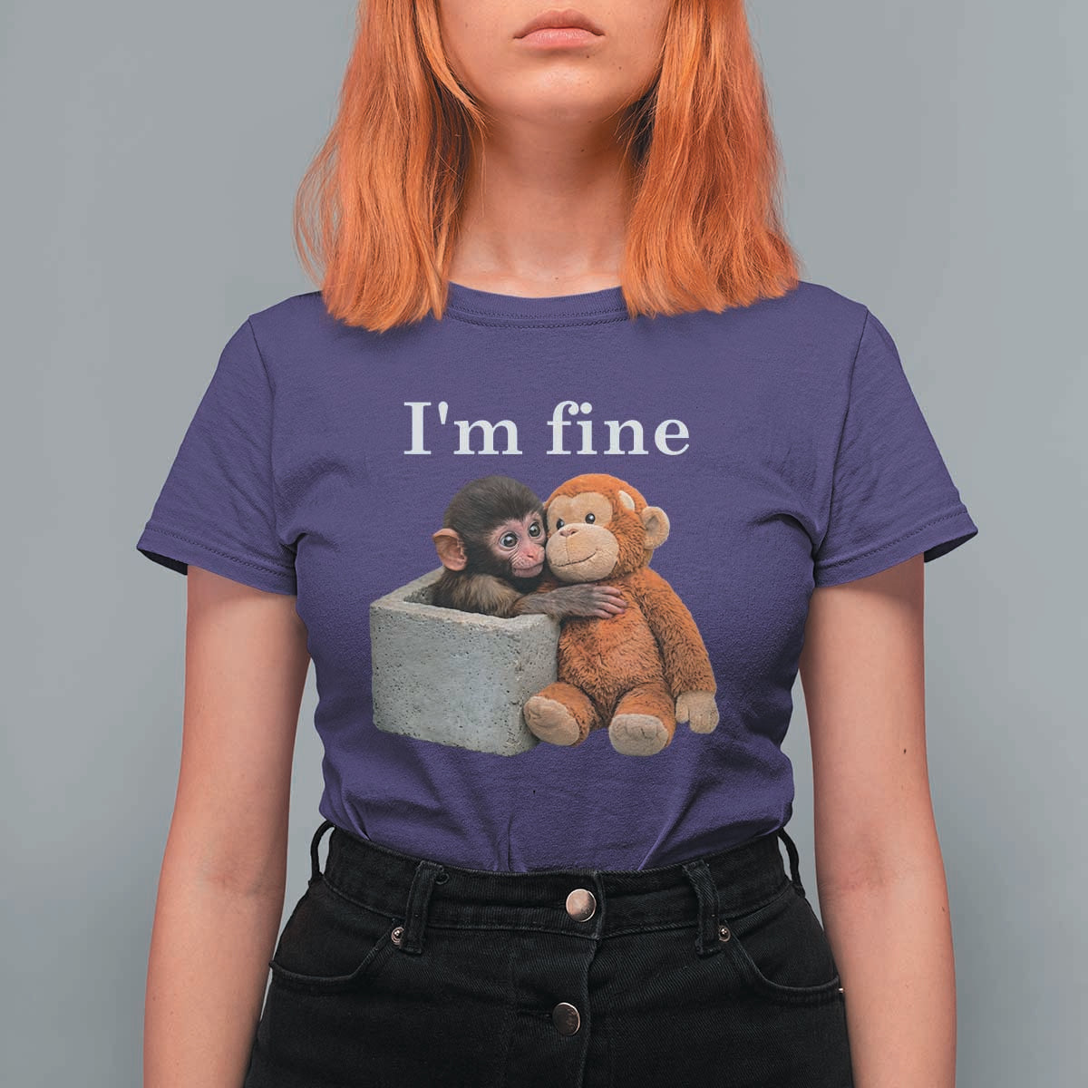 I’m Fine Viral Punch Monkey Meme T Shirt For Women Cute Baby Monkey Hugging Plush Emotional Humor Gift