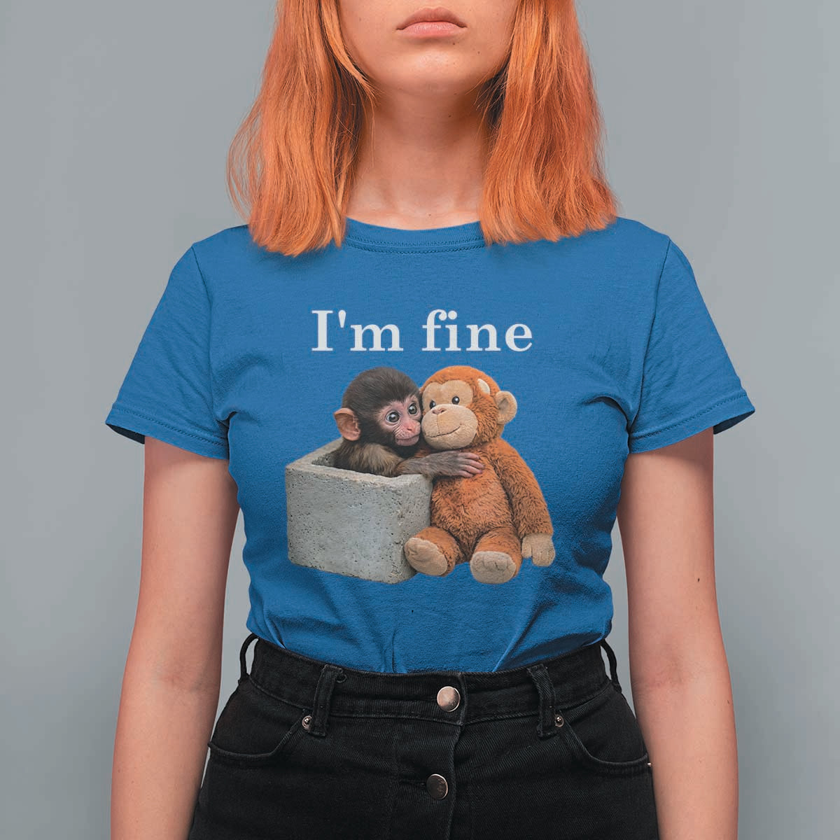 I’m Fine Viral Punch Monkey Meme T Shirt For Women Cute Baby Monkey Hugging Plush Emotional Humor Gift
