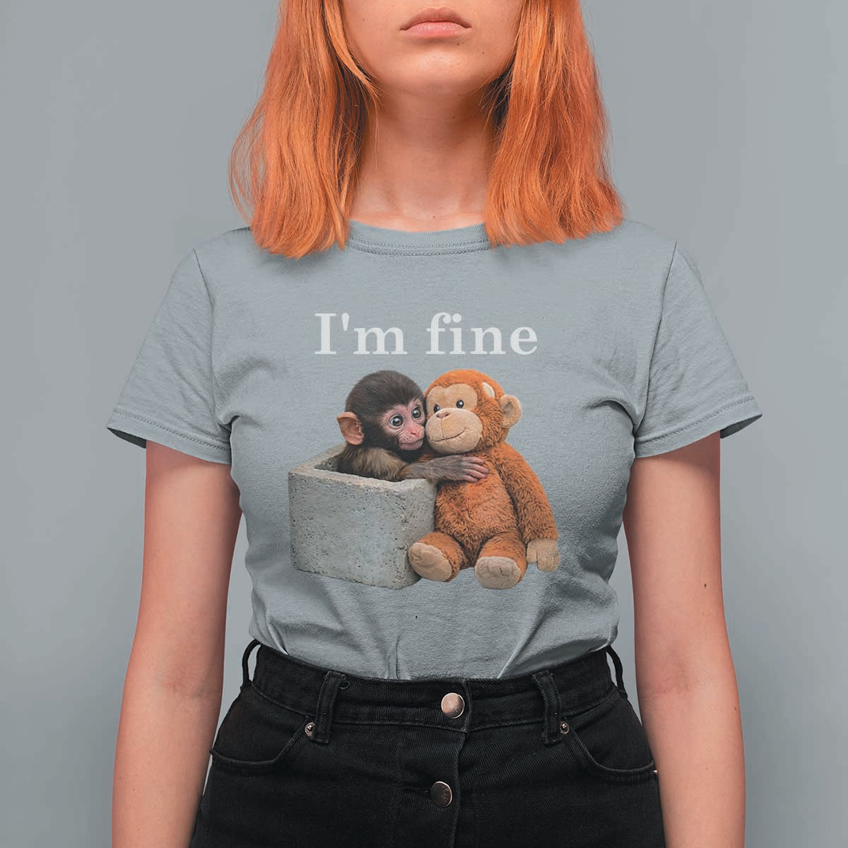 I’m Fine Viral Punch Monkey Meme T Shirt For Women Cute Baby Monkey Hugging Plush Emotional Humor Gift