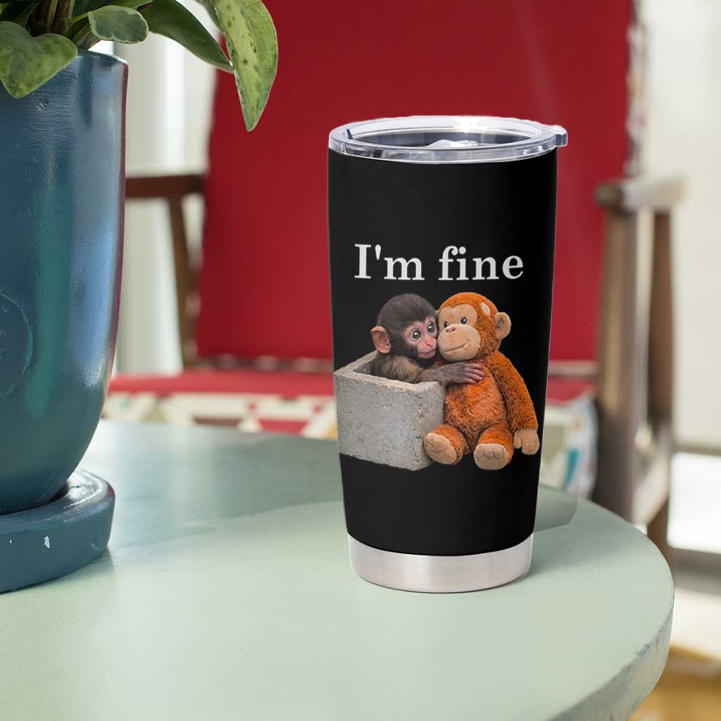 I’m Fine Viral Punch Monkey Meme Tumbler Cup Cute Baby Monkey Hugging Plush Emotional Humor Gift