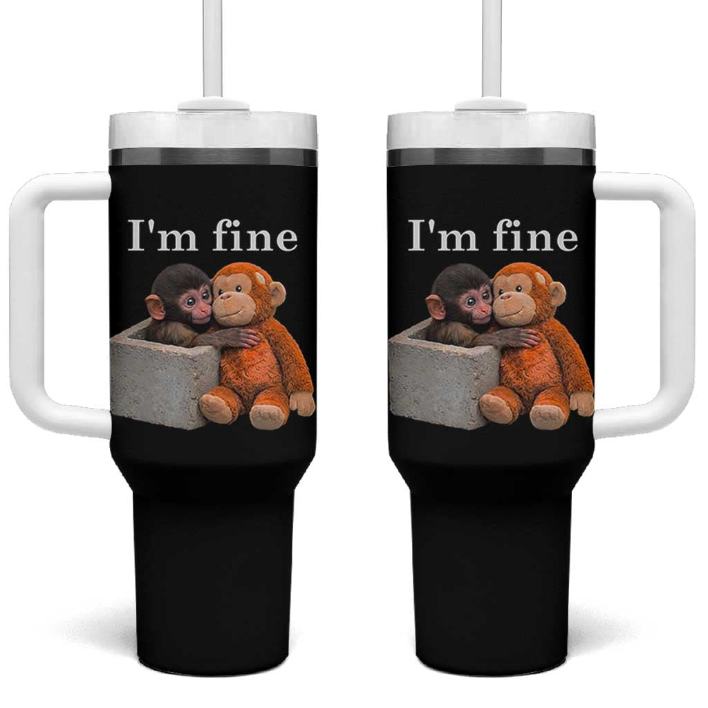 I’m Fine Viral Punch Monkey Meme Tumbler With Handle Cute Baby Monkey Hugging Plush Emotional Humor Gift