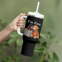 I’m Fine Viral Punch Monkey Meme Tumbler With Handle Cute Baby Monkey Hugging Plush Emotional Humor Gift