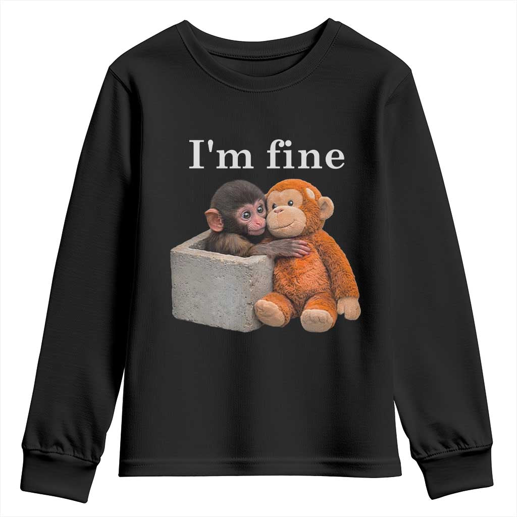 I’m Fine Viral Punch Monkey Meme Youth Sweatshirt Cute Baby Monkey Hugging Plush Emotional Humor Gift