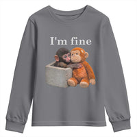I’m Fine Viral Punch Monkey Meme Youth Sweatshirt Cute Baby Monkey Hugging Plush Emotional Humor Gift