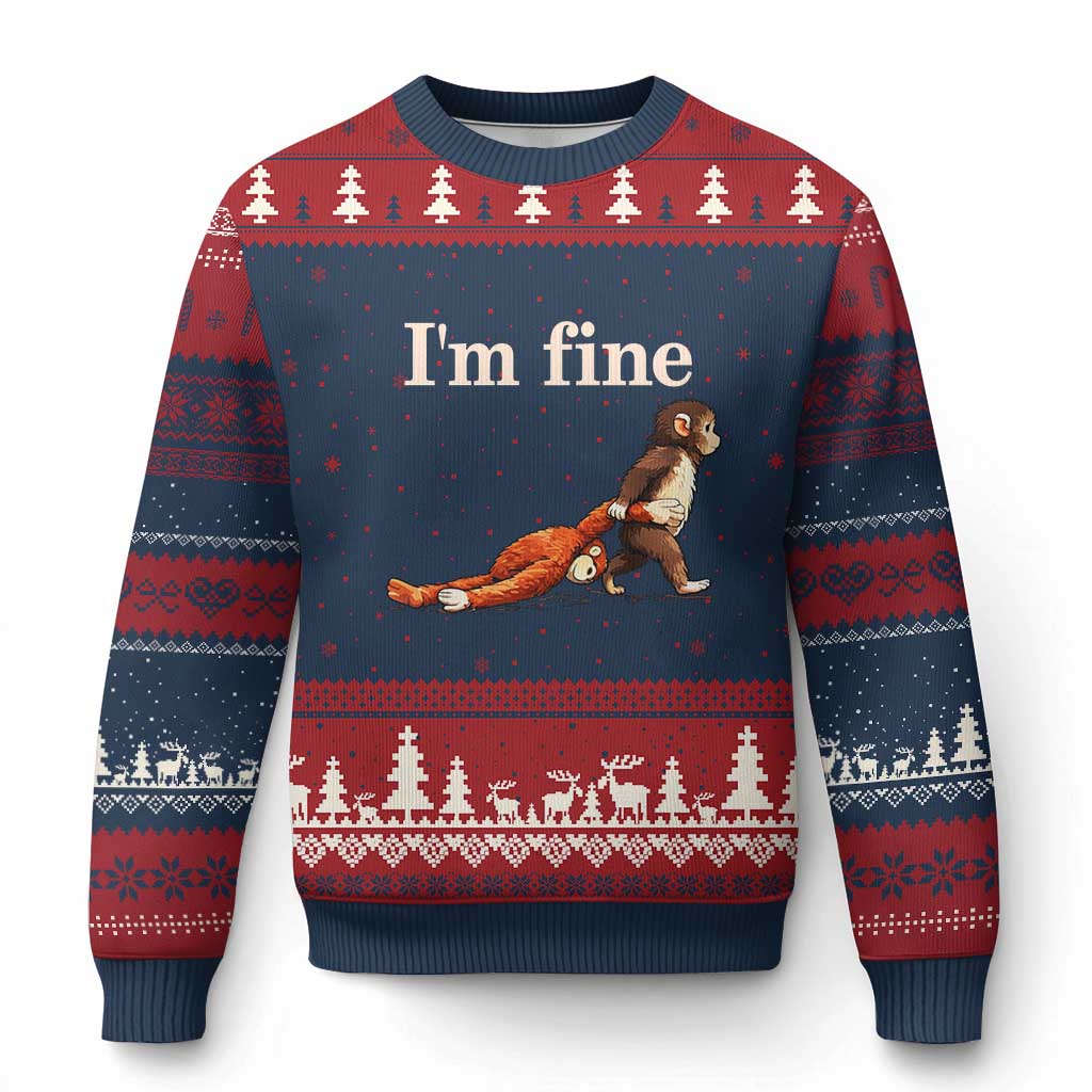 I’m Fine Funny Monkey Meme Ugly Christmas Sweater Viral Punch Baby Monkey Relatable Cute Gift