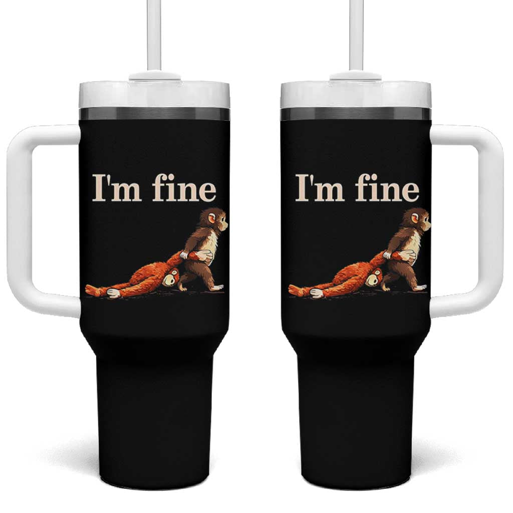 I’m Fine Funny Monkey Meme Tumbler With Handle Viral Punch Baby Monkey Relatable Cute Gift