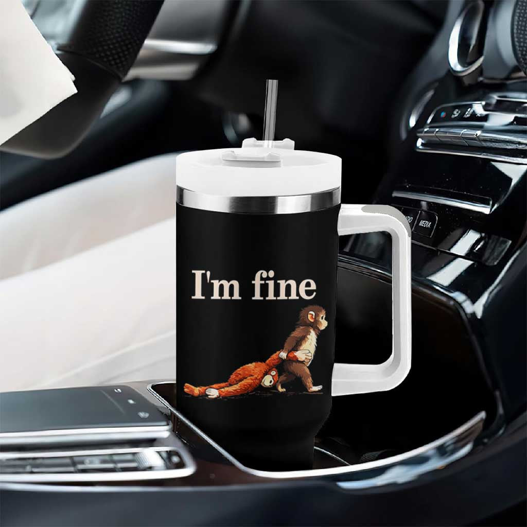I’m Fine Funny Monkey Meme Tumbler With Handle Viral Punch Baby Monkey Relatable Cute Gift
