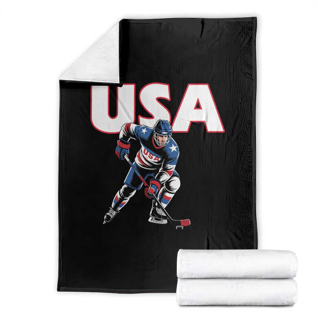 USA Ice Hockey Player Patriotic Graphic Throw Blanket Red White and Blue American Sports Fan