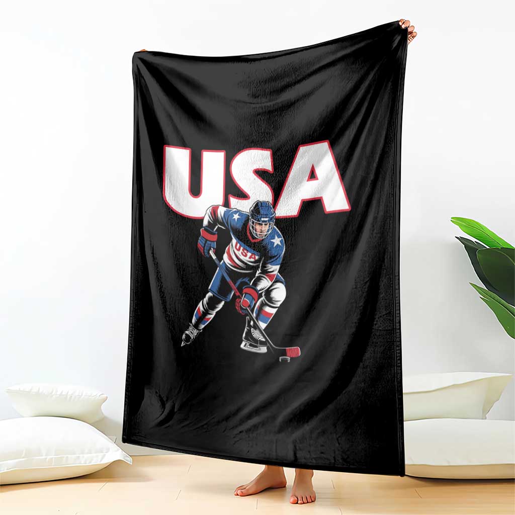 USA Ice Hockey Player Patriotic Graphic Throw Blanket Red White and Blue American Sports Fan
