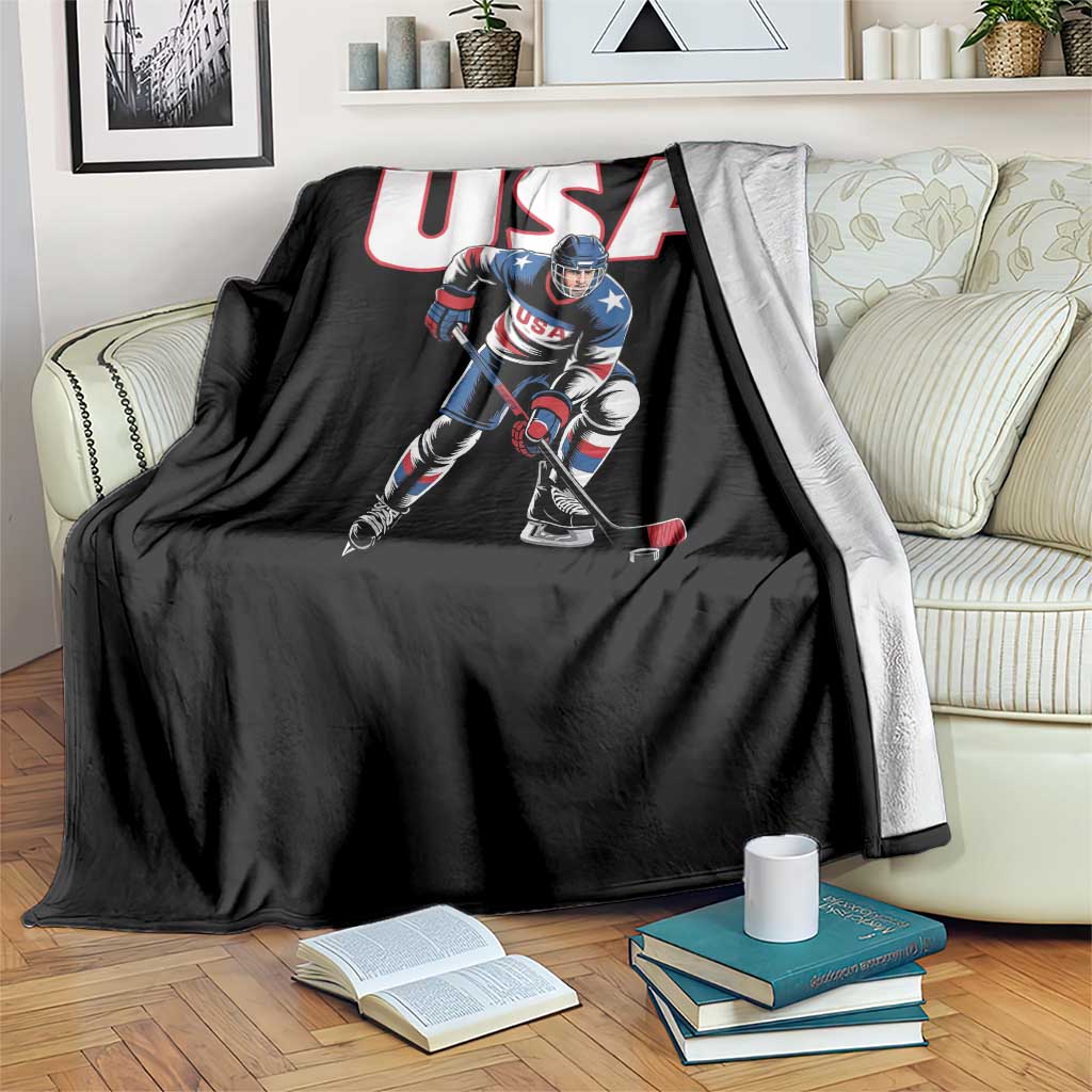 USA Ice Hockey Player Patriotic Graphic Throw Blanket Red White and Blue American Sports Fan
