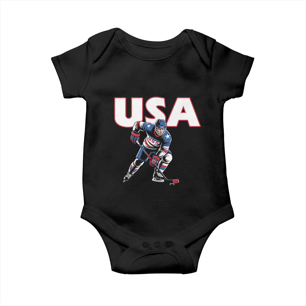 USA Ice Hockey Player Patriotic Graphic Baby Onesie Red White and Blue American Sports Fan