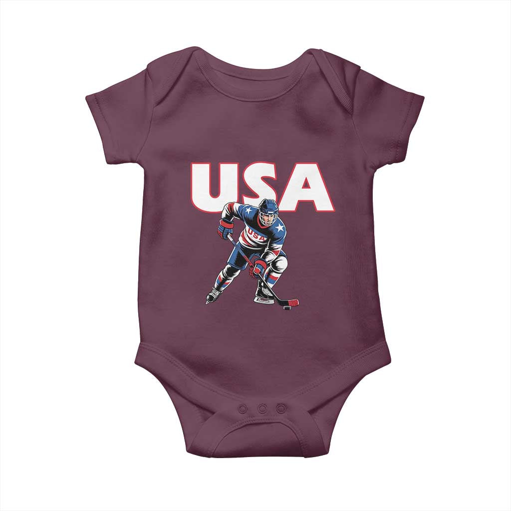 USA Ice Hockey Player Patriotic Graphic Baby Onesie Red White and Blue American Sports Fan