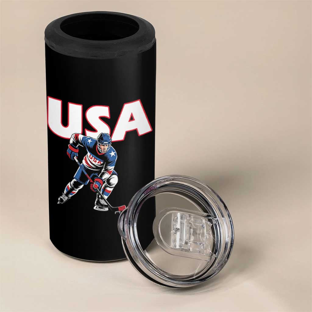 USA Ice Hockey Player Patriotic Graphic 4 in 1 Can Cooler Tumbler Red White and Blue American Sports Fan