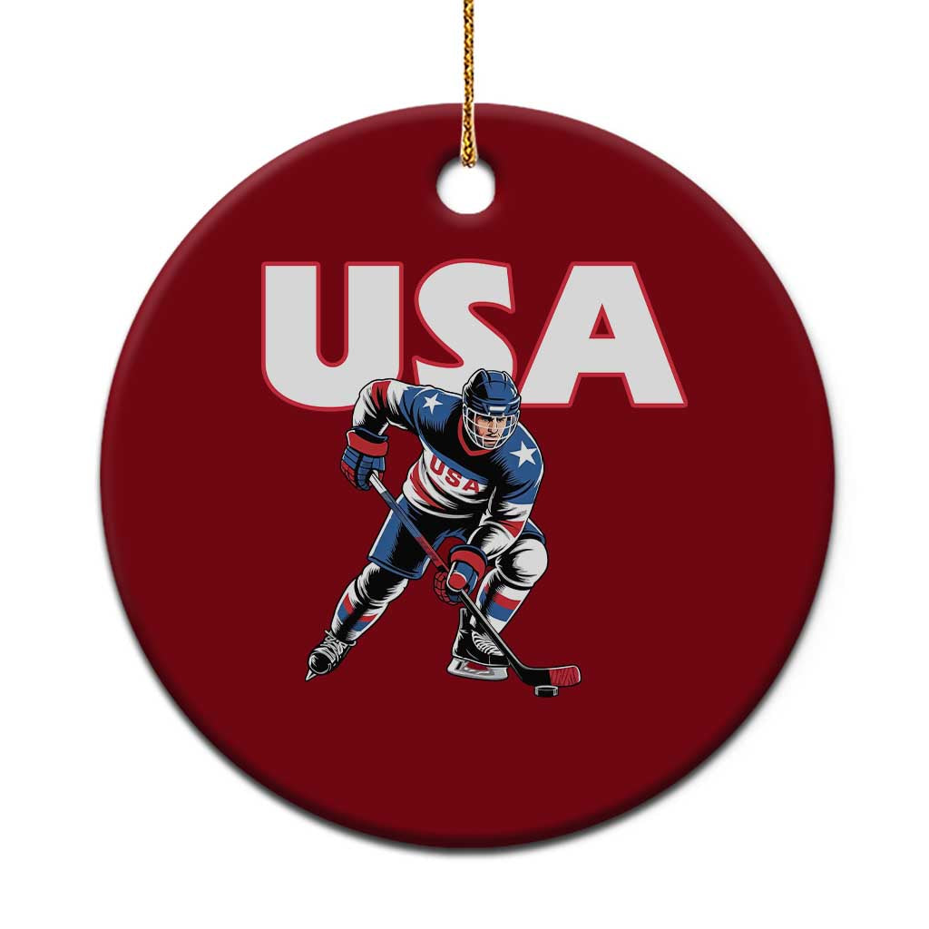 USA Ice Hockey Player Patriotic Graphic Ceramic Ornament Red White and Blue American Sports Fan