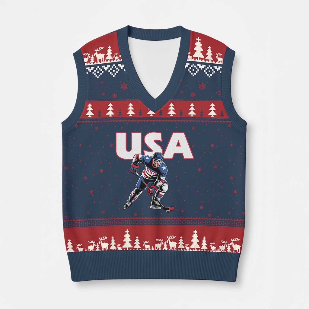 USA Ice Hockey Player Patriotic Graphic V-Neck Knit Sweater Vest Red White and Blue American Sports Fan