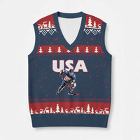 USA Ice Hockey Player Patriotic Graphic V-Neck Knit Sweater Vest Red White and Blue American Sports Fan