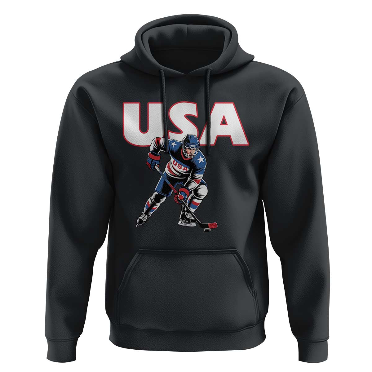 USA Ice Hockey Player Patriotic Graphic Hoodie Red White and Blue American Sports Fan