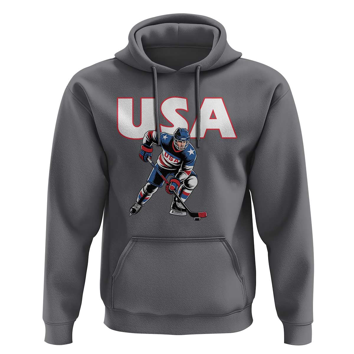 USA Ice Hockey Player Patriotic Graphic Hoodie Red White and Blue American Sports Fan