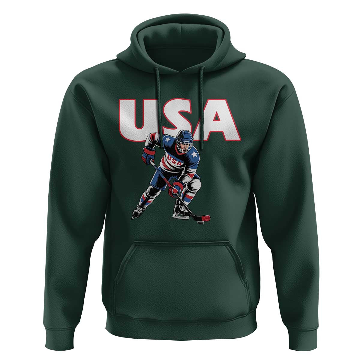 USA Ice Hockey Player Patriotic Graphic Hoodie Red White and Blue American Sports Fan