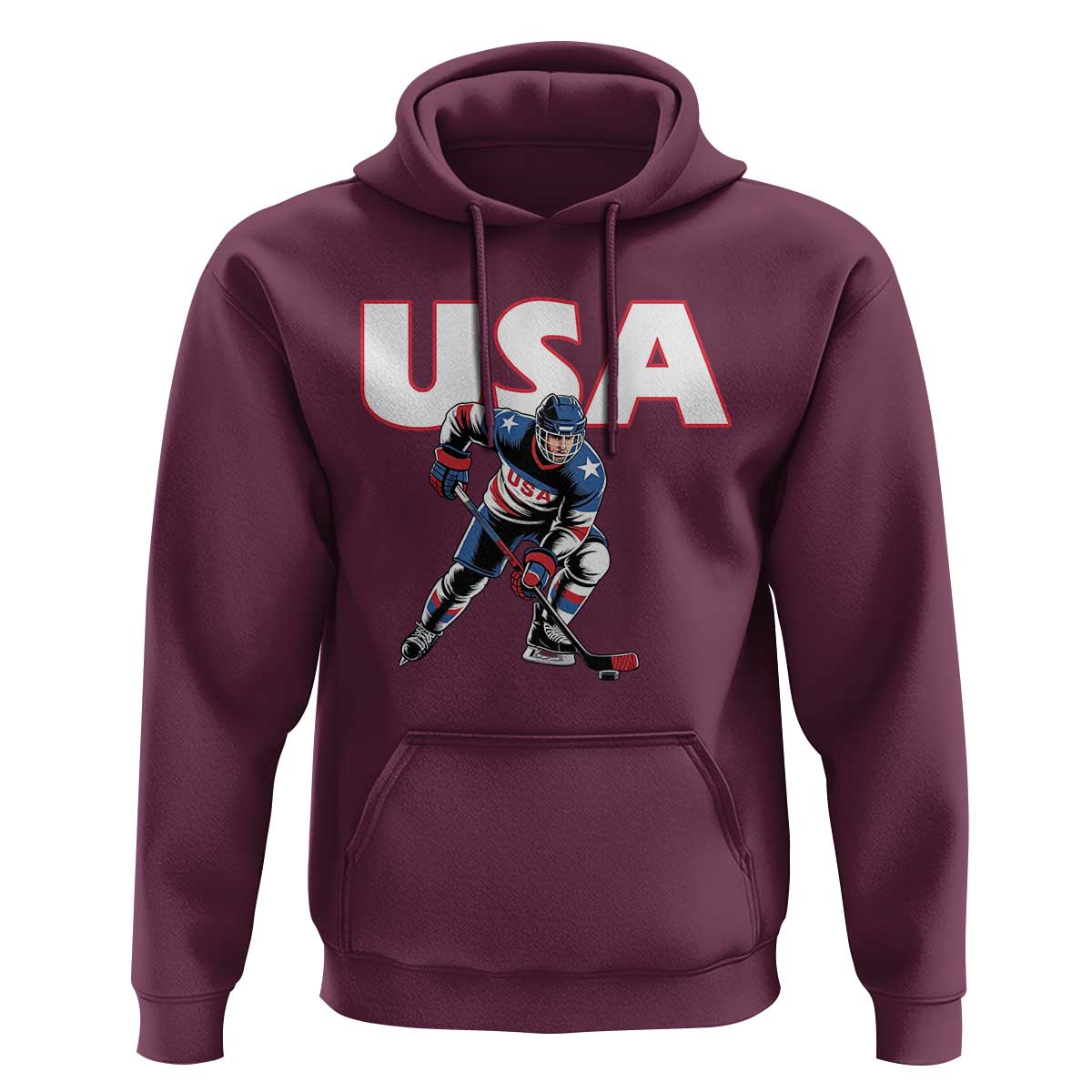 USA Ice Hockey Player Patriotic Graphic Hoodie Red White and Blue American Sports Fan