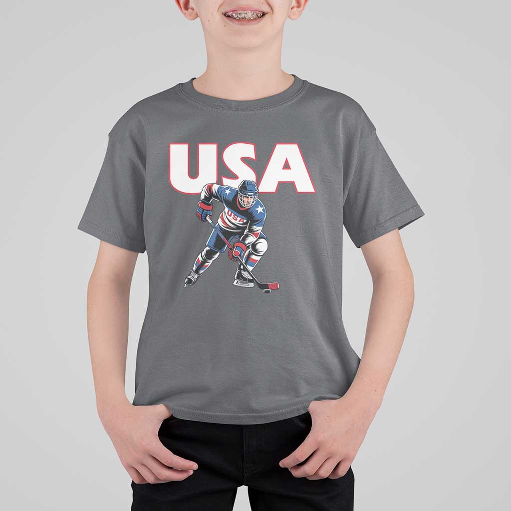 USA Ice Hockey Player Patriotic Graphic T Shirt For Kid Red White and Blue American Sports Fan